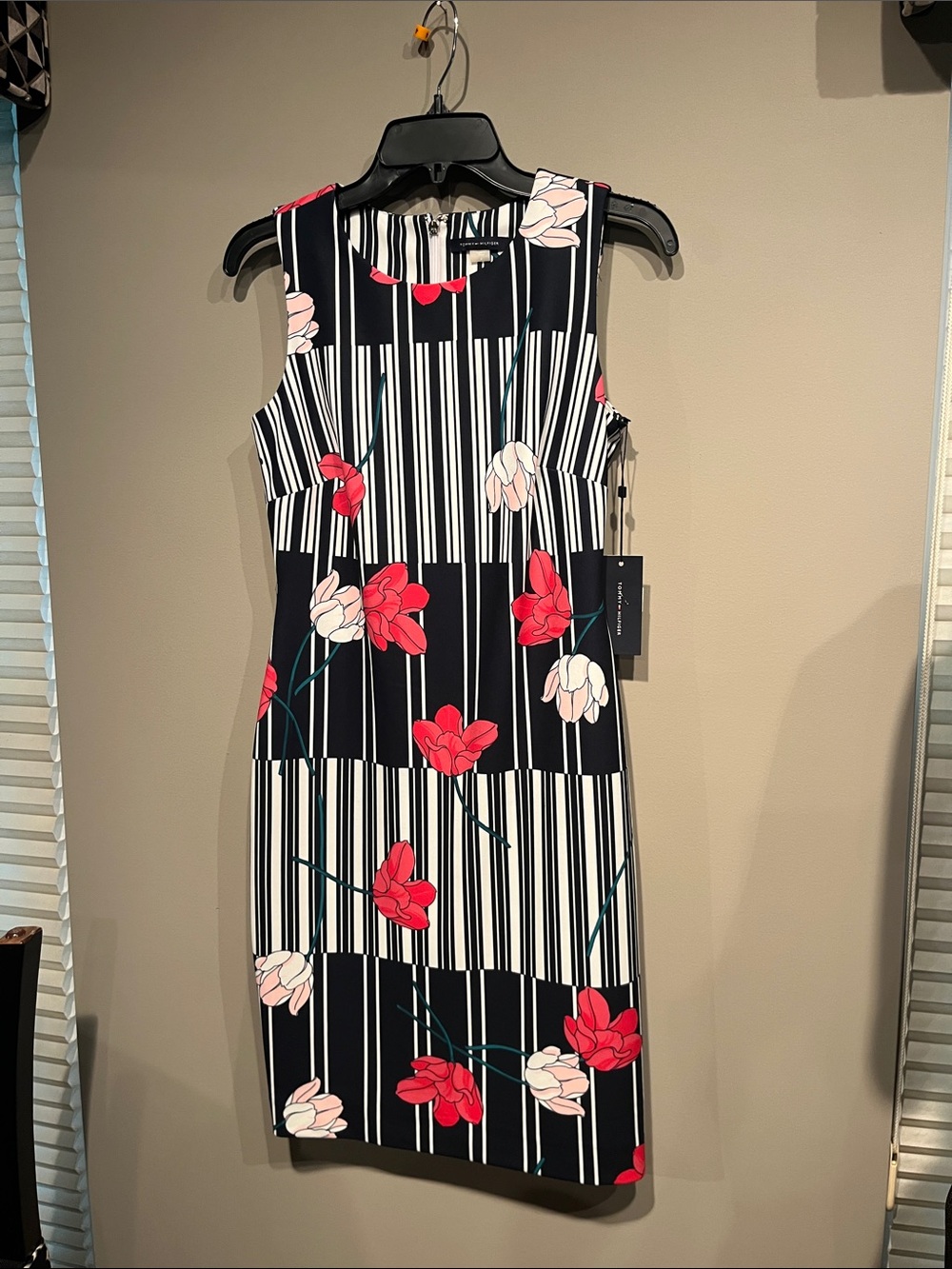 Tommy Hilfiger Navy Stripe Midi Dress with Red & White Floral Print